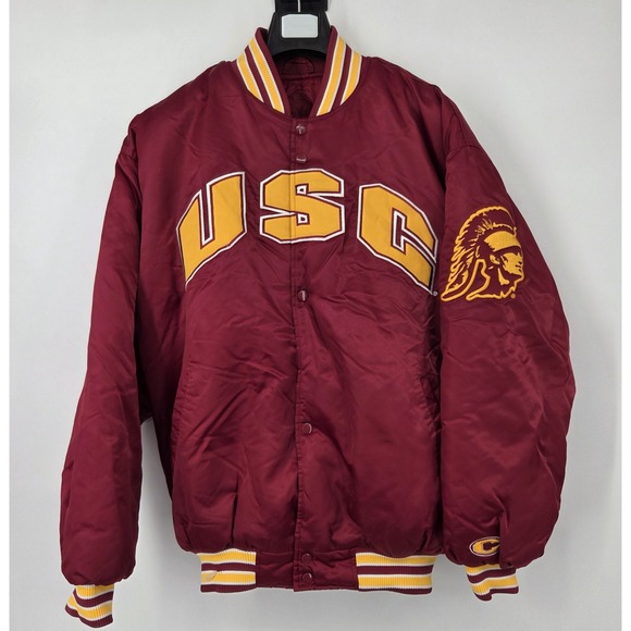VINTAGE USC Trojans Jacket Satin Snap Bomber Mens Large Red Insulated Colosseum
